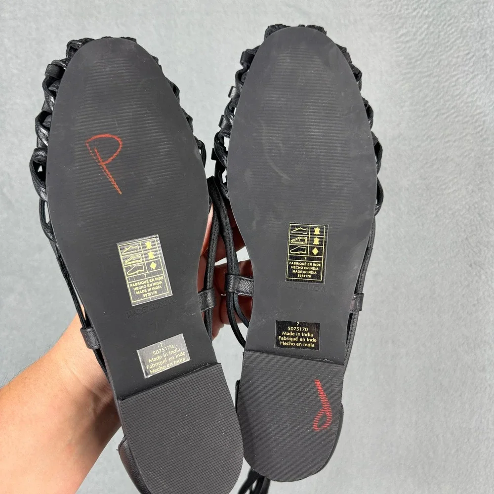 Free People Hermosa Woven Flat Black Leather Lace Up Gladiator Sandals 7